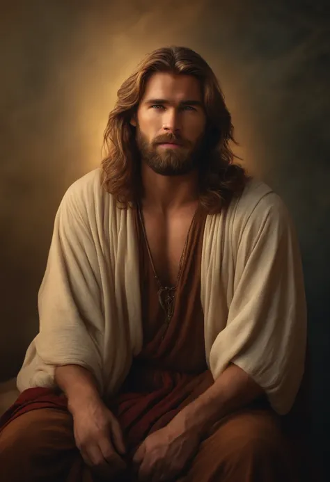 a man with long hair and a beard, a portrait, by Roman Bezpalkiv, shutterstock, renaissance, dressed like jesus christ, actor liam hemsworth, full color photograph, morgan weistling