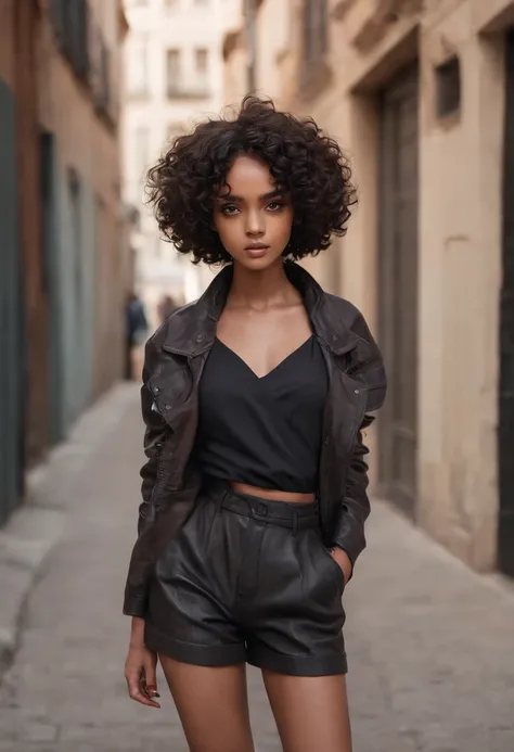 Cute girl dark african complexion 18 years old curly short hair in street outfit full body looking sensually with stunning eyes in a position ,mignonne