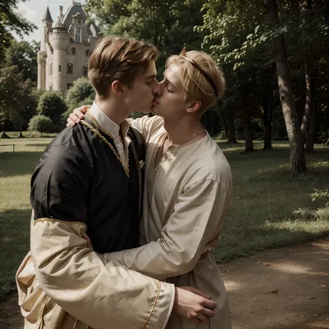 young blond man prince with crown on his head kissing another commoner man with short black hair. Castle and forest background.