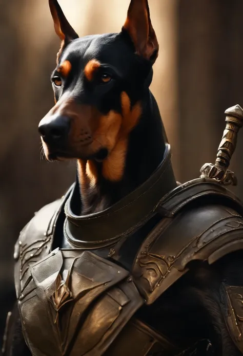 Doberman wearing alien armor, holding shield and sword, military beret, UHD, anatomically correct, textured skin, super detail, high quality, 16k