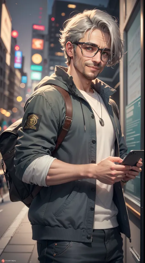 Realistic image of a man with short, gray hair, wearing goggles, vestindo um moletom preto, com rugas, magro, standing on her feet, segurando um smartphone pequeno junto ao ouvido, faintly smiling expression on his face, Scenery of a night school office