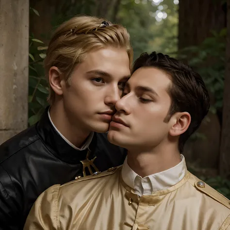 Young blond-haired prince man with crown on head kissing another short black haired plebeian man. Fundo do castelo e da floresta.