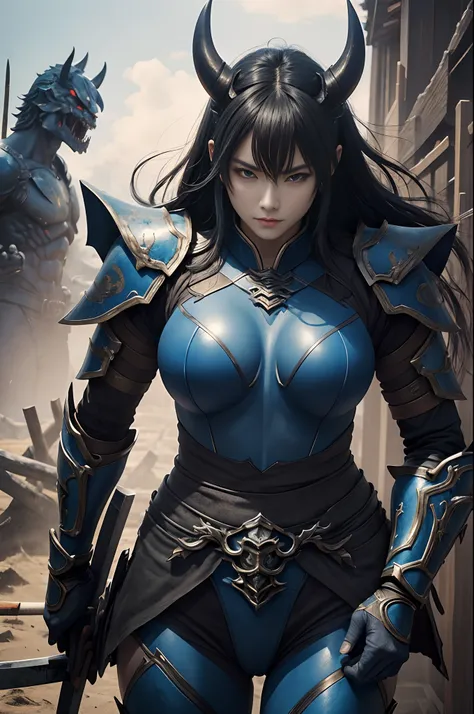 (onimous)、Demon Mask、Super beautiful、Solo adult demon woman in blue armor、Like the whole body、(Armed with a long, large saw)、Mature Woman Big Female Demon。Rugged jaws(Like the real thing),Stand facing the front,Demon Armor,magnificent artwork,((Kyoto panel...