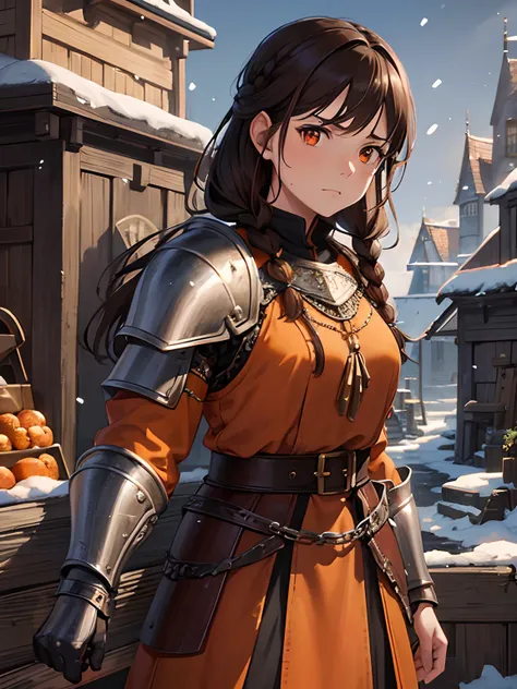 Close up, fantasy world, medieval, cobblestone city, wooden stone houses, snow, marketplace, market stalls, adult woman, dirty, guard, long brown hair, brown hair braids, orange eyes, annoyed look, raised eyebrow, orange tunic, armour, steel plate shoulder...