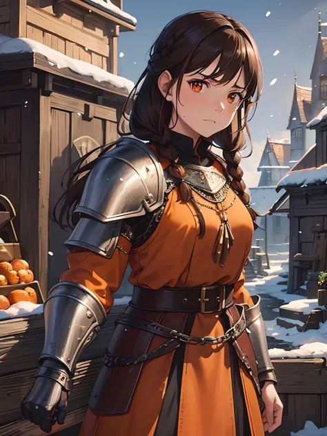 Close up, fantasy world, medieval, cobblestone city, wooden stone houses, snow, marketplace, market stalls, adult woman, dirty, guard, long brown hair, brown hair braids, orange eyes, annoyed look, raised eyebrow, orange tunic, armour, steel plate shoulder...