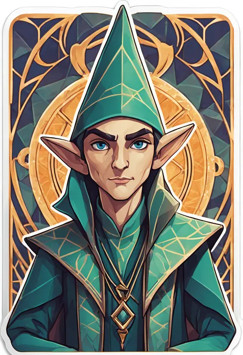 a sticker，1 Elven Magician，Geometric pattern background，