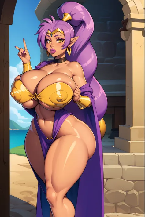 shantae, 1girl, ((bimbo))), long white hair, yellow eyes, dark skin, puffy lips, painted lips, thick lips, wide hips, thick thighs, huge fake breast, huge ass, erotic face , white , perky , shiny skin, breasts squeezed together, huge fake breasts, hand sig...