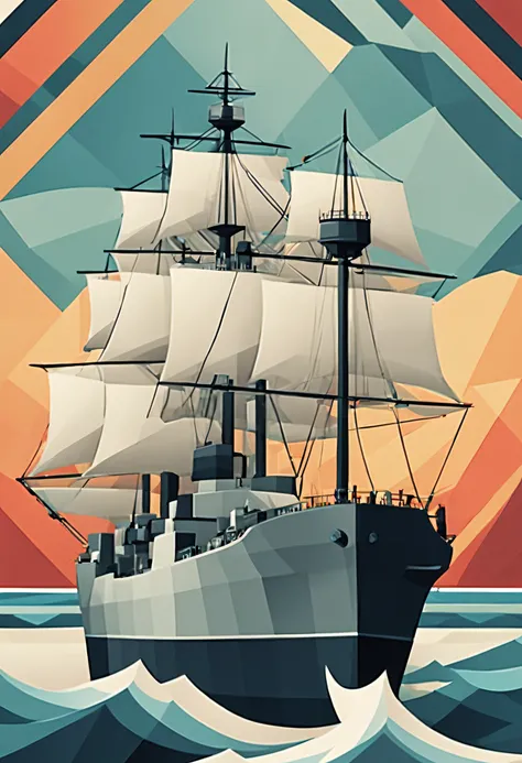 a sticker，1 warship，Geometric pattern background，