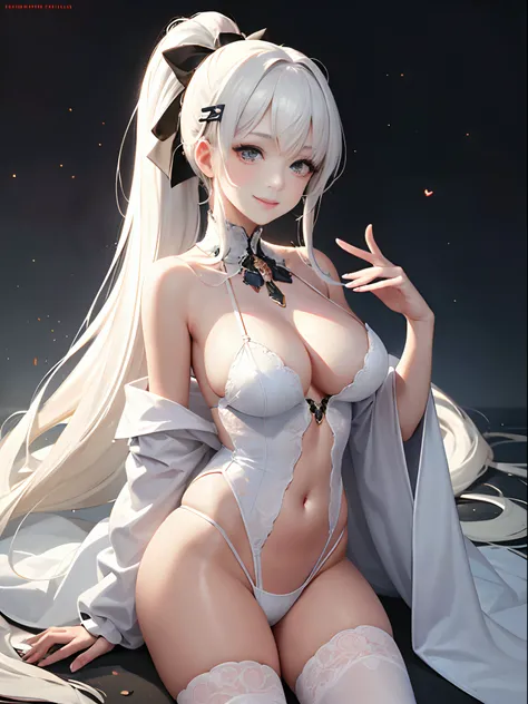 ribbon-trimmed sleeves,mediating_Breasts,Smile,(Best quality), ((Masterpiece)), (A high resolution), Original, Extremely detailed 8k wallpaper,  (An extremely delicate and beautiful), 1girll,Beautiful girl,White hair,Very_Long_Hair,High ponytail,Hairpins H...