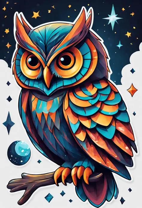 In Sticker style、Geometric pattern background，Prints of the Cosmic Owl,