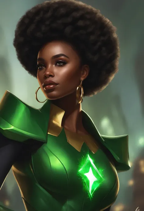 Give me a black girl with 2 Afro puffs in her har dark brown eyes a emerald green super hero suit with green fire powers she’s about 13 like me her name is Niya she’s 5,3