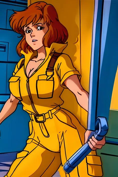 April ONeill, 1980s, Anime style, 1girl, brown hair, orange hair, retro artstyle, Short hair, 独奏, Yellow jumper suit, Overalls on the hips, big_, cleavage, Huge_muscle