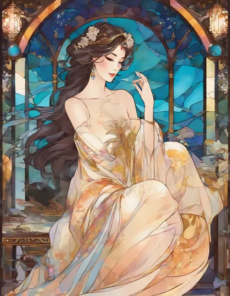 The art depicts a charming woman dressed in a flowing,  oriental transparent dress, decorated with sexy patterns and bright colors. Showing small round ass, Her transparent dress drapes elegantly over her curvy figure, accentuating her seductive silhouette...