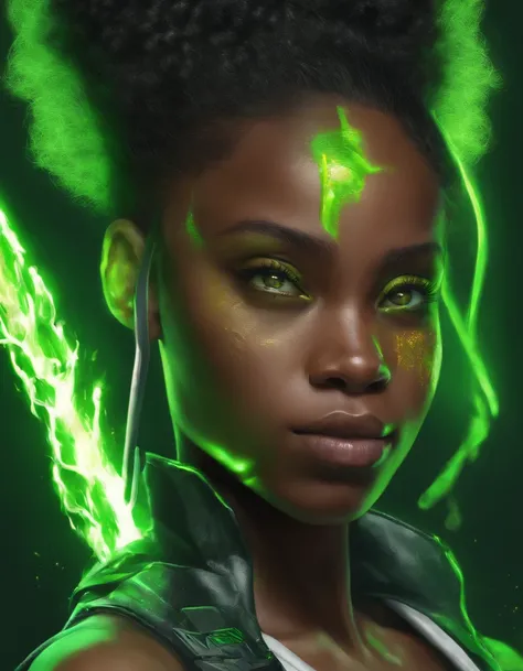 Give me a black girl with a big Afro  bright green eyes   black and neon green  super hero suit with green fire powers she’s about 13 like me her name is Niya she’s 5,3