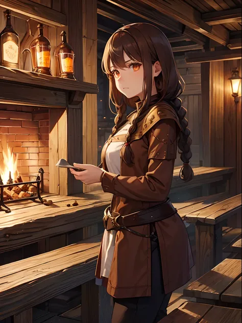 Close up, fantasy world, tavern, wooden walls, fireplace, benches, food, market stalls, adult woman, dirty, guard, long brown hair, brown hair braids, orange eyes, tired look, frown, medieval clothing, brown tunic, black pants