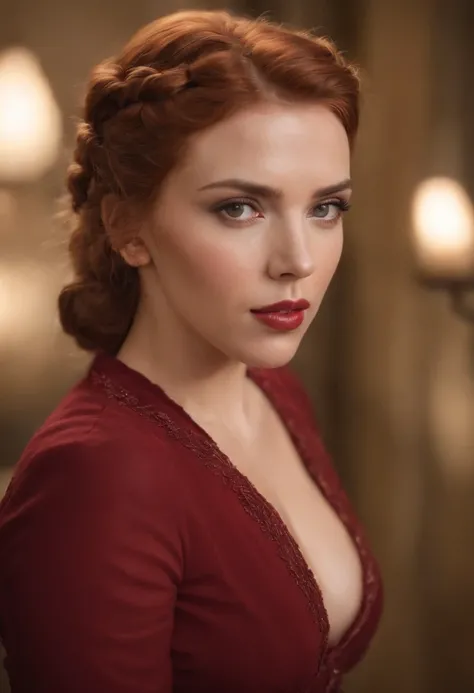 Scarlett Johansson en mode islamique moderne, hair a mess, chaud, (moite), Au lit, (Coussins en soie), bracelets en cuir rouge, Me Rivendell, Plein avant, Revealing breasts, sexy, Montrant, vissível