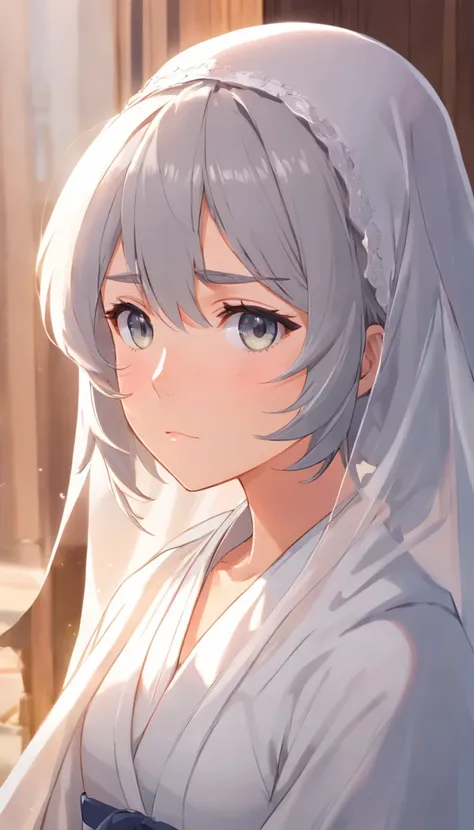 Veil on head, gray veil, white hair, gray white, Guvez art style, arrogant and indifferent girl, half-squinted, white eyeballs, white eyes, national style, gray-white