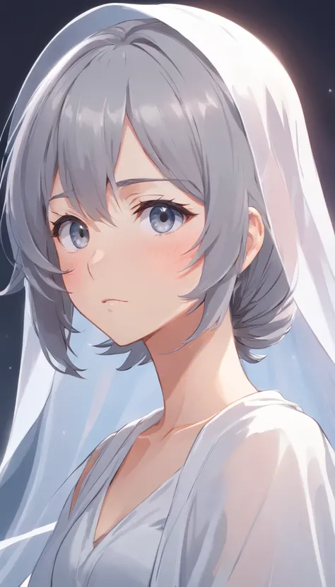 Veil on head, gray veil, white hair, gray white, Guvez art style, arrogant and indifferent girl, half-squinted, white eyeballs, white eyes, national style, gray-white