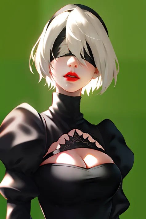 yorha no. 2 type b, 1girl, wlop, (blindfold), breasts, cleavage, cleavage cutout, clothing cutout, green background, hair between eyes, hairband, highres, juliet sleeves, long sleeves, nier (series), nier automata,  puffy sleeves, red lips, shaded face, sh...