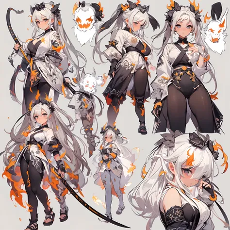 ((Masterpiece, Highest quality)), Detailed face, CharacterDesignSheet， full bodyesbian, Full of details, Multiple poses and expressions, Highly detailed, Depth, Many parts，Martial arts girl，white and black，holds a spear，double-ponytail，estilo fantasia，Surr...