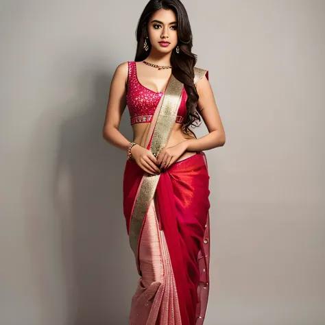 indian saree girl ,long hair ,front face,red saree,full body,show nipple