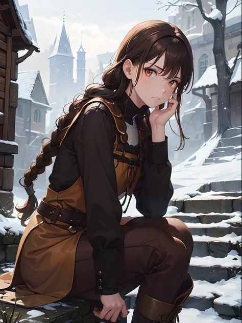 Close up, fantasy world, stone city, stone stairs, snow, adult woman, dirty, guard, long brown hair, brown hair braids, orange eyes, tired look, frown, medieval clothing, brown tunic, black pants