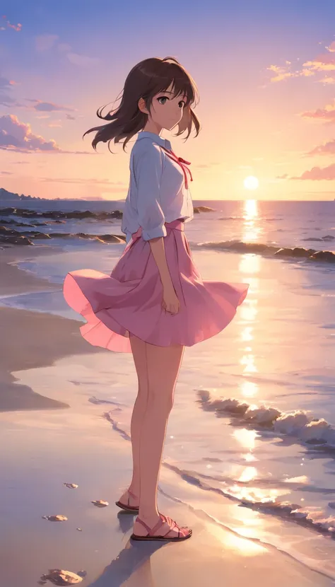 best qualtiy，tmasterpiece，超A high resolution，（真实感：1.4），RAW photogr，Warm lights，Sea and beaches，1girl in，Walking on the beach，White collar blouse，short pink skirt，Sandals，the setting sun，cabelos preto e longos，（slim，Dignified，Shy Expressions），Beautiful teen...