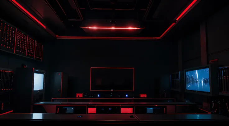 red sci fi lab, screens, night, masterpiece, the best quality, tech