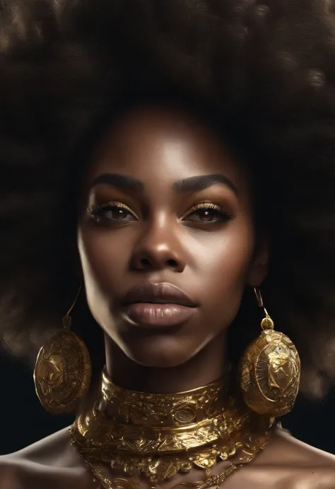 A black woman with super powers she is beautiful with dark brown hair and dark brown eyes she is the holder of the universe she has a Afro too and she wears gold