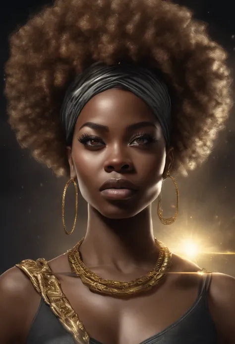 A black woman with super powers she is beautiful with dark brown hair and dark brown eyes she is the holder of the universe she has a Afro too and she wears gold