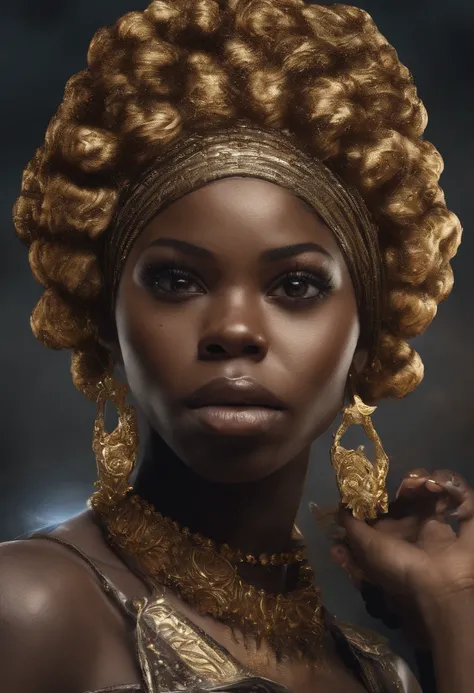 A black woman with super powers she is beautiful with dark brown hair and dark brown eyes she is the holder of the universe she has a Afro too and she wears gold