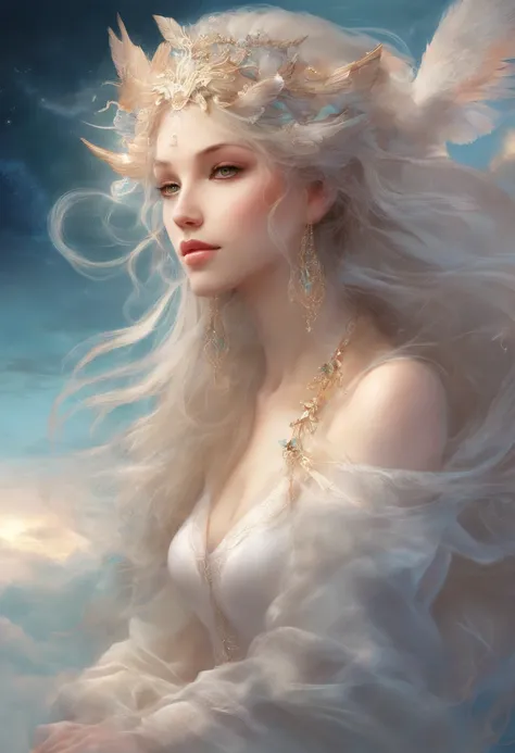 photorealestic，Glamour girl，((best qualityer)), ((tmasterpiece)), (A detailed), ((nouveau)), Succubus temptation, Ethereal beauty, perched on a cloud, (Fantasy illustration: 1.3), mesmerizing looks, captivating posture, delicate wings, supernatural charm, ...