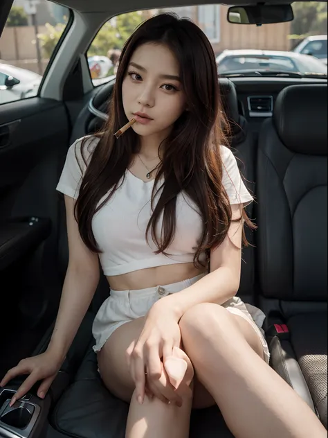 Quero uma imagem da Seo Soojin, cantora do grupo gidle, fumando um cigarro na janela do carro com cabelo preso em um coque.