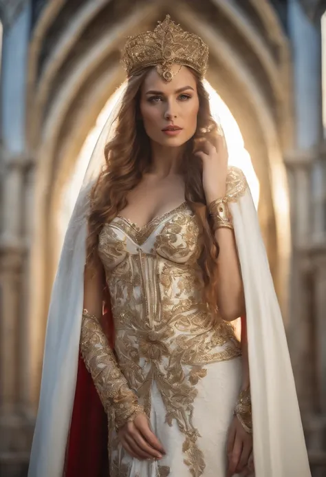 Photorealistic image ((Masterpiece)), ((high quality)) UHD 8K, of a beautiful, slim woman, hyper-realistic female model, (medium chest), (skinny waist), (Long wavy red hair), (blue eyes), (((Ivory white full armor with gold filigree))), ((large white cape ...