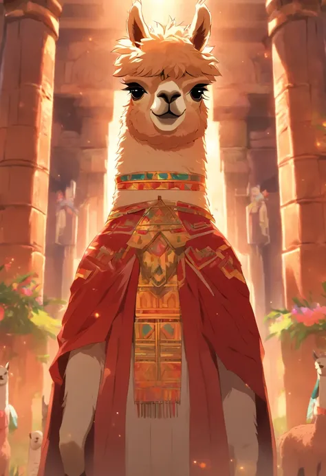 (((Man body and alpaca head))) best quality, very high resolution, 4K detailed CG, masterpiece, Inca mythology, Urcuchillay, sun in the background, Inca, standing pose, alpaca head, Inca clothing , inca temple,forest, ((alpaca head, mans body)), egyptian p...