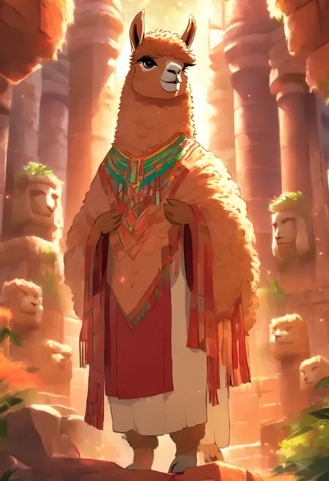 (((Man body and alpaca head))) best quality, very high resolution, 4K detailed CG, masterpiece, Inca mythology, Urcuchillay, sun in the background, Inca, standing pose, alpaca head, Inca clothing , inca temple,forest, ((alpaca head, mans body)), egyptian p...