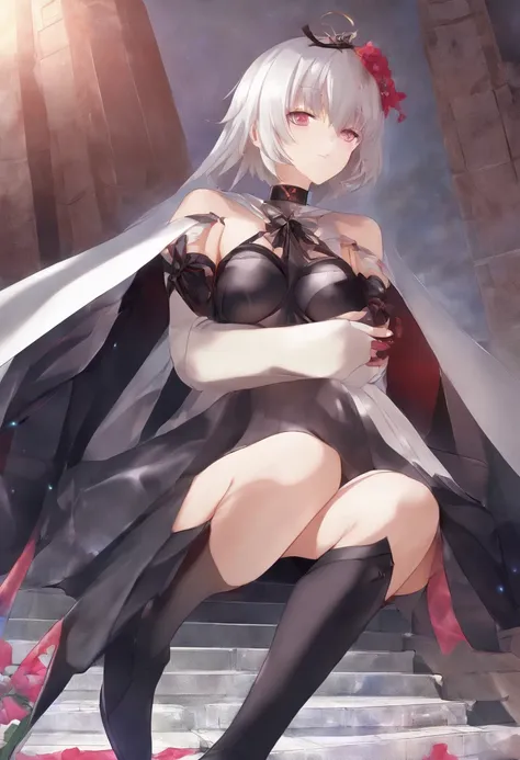 (Full body shot from the front:1.2), (anime girl naked in latex sitting on a ledge with her hands on her chest), best anime, seductive anime girl, 2 b, 2b, hajime yatate, badass anime 8 k, neferpitou, anime girl wearing a black dress, silver color hair, Je...