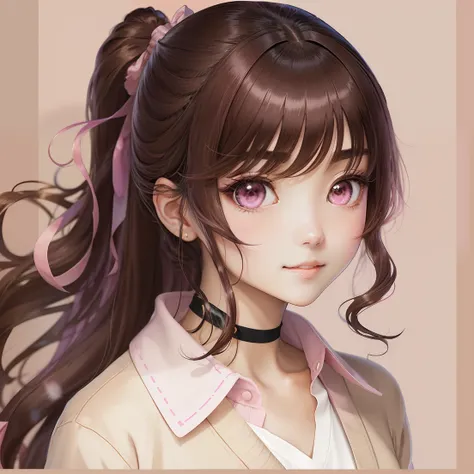 anime illustrated、top-quality、Active women、Female sexy、20yr old、rather dark brown hair、dark brown eyes、big eye、length hair、Straight hair type、side poneyTail、White Y-shirt、Beige cardigan、long-sleeve、Closed collar、Pink looks good、Anime filling、confident faci...