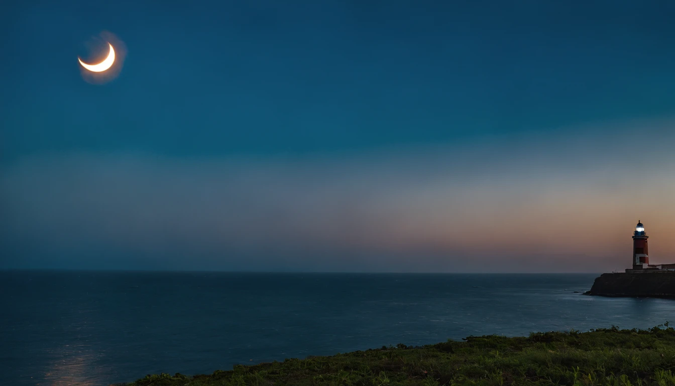 Foto de um impressionante eclipse solar em Salvador, with the Barra Lighthouse clearly visible in the foreground. The sun is almost entirely covered, And the lighthouse looks like a guardian against the darkened sky.