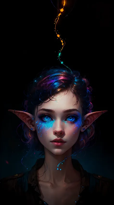 Photo, Synthwave A Elf Woman by Agnes Cecile style, luminous design, pastel colors, ink drips, autumn lights, perfect ears, blue eyes