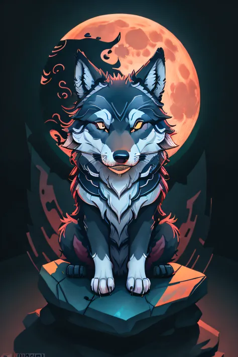 A detailed illustration Single wolf sitting on a stone pile on a hill. Midnight. Bright moon in the sky. Long wolf shadows, magic, t-shirt design, red color, dark magic splash, dark, ghotic, t-shirt design, Studio Ghibli style, pastel tetradic colors, 3D v...