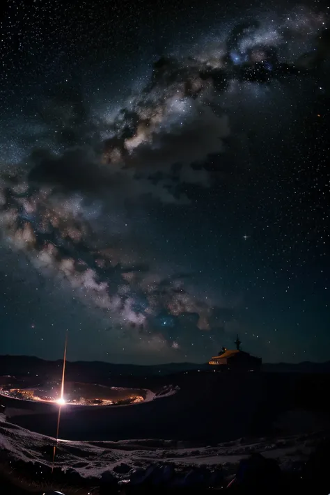 um lindo bolo de aniversario em um fundo em degrade de galaxy, efeito astronomico