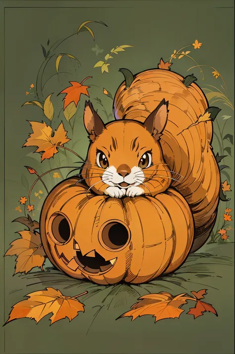 (Autumn Color World) A squirrel peeks out from the eyes of a jack-o-lantern. A jack-o-lantern that was forgotten to be put away after a day of Halloween.(Flat Color Artwork)(Stylish design )(of the highest quality)(It features a simple)(Superflat)(Contempo...