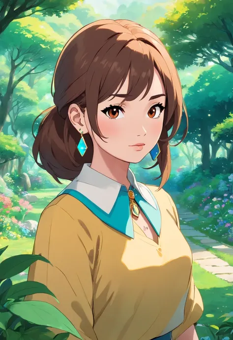 girl with,((Demi Lovato)),Brown eyes, Wearing an anime collar, Long necklaces and earrings, In the style of a tranquil garden landscape, colorful animation stills, aquamarine, paul gauguin, Embry style, Honest portrayal