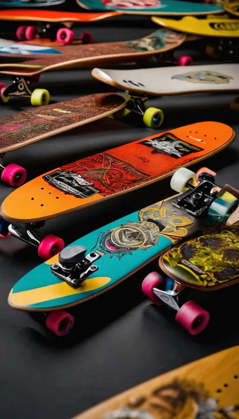 A color photo of a vast collection of skateboards, each one showcasing a unique design and setup. The camera settings utilize a macro lens, allowing for close-up shots that capture the fine details of each deck. —c 10 —ar 2:3