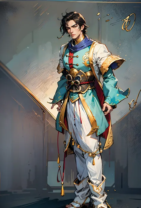 A young man with short aquamarine hair, sharp eyebrows, starry eyes, radiating a righteous aura, a two-piece fantasy wuxia-style outfit, featuring a traditional Chinese martial arts long gown, a wide overcoat, flowing sleeves, the color scheme is mainly re...