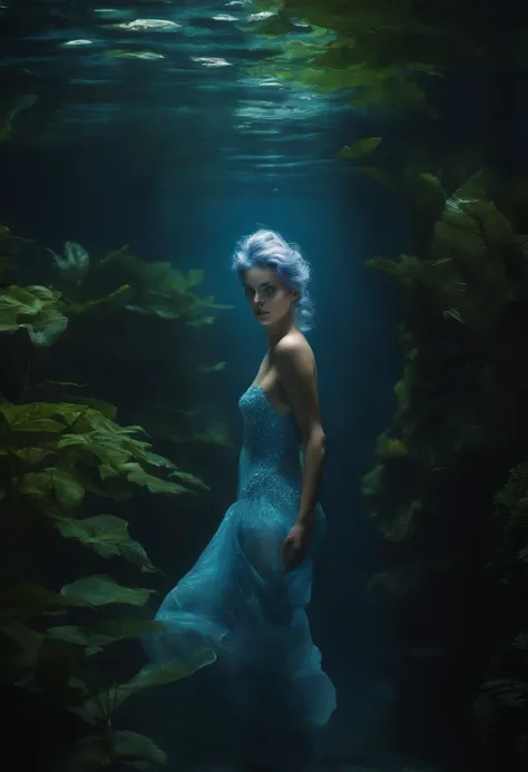 8 k young woman, with blue skin , dives into a pool inside an aquarium that is located in a forest, her body is blue, her eyes are lilac and her hair is straight and not abundant, curly in silver color she is in a deep dive in an atmosphere of light betwee...