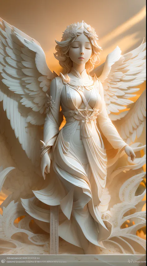 （illustration: 1.3),（ paper art: 1.3), 3D rendering of, Beautiful Angel Close your eyes, the sea, Sunset Beach, Best quality, Detailed details, Masterpiece, offcial art, movie light effect, 4K, Chiaroscuro , Flash