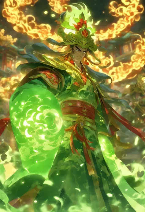 (((Jade Emperor))) best quality, very high resolution, 4K detailed CG, masterpiece, green armor, storm, Shui mo Hua, Chinese tribes, Chinese city, forest, aesthetics, beautiful image, centered on screen, Whole body