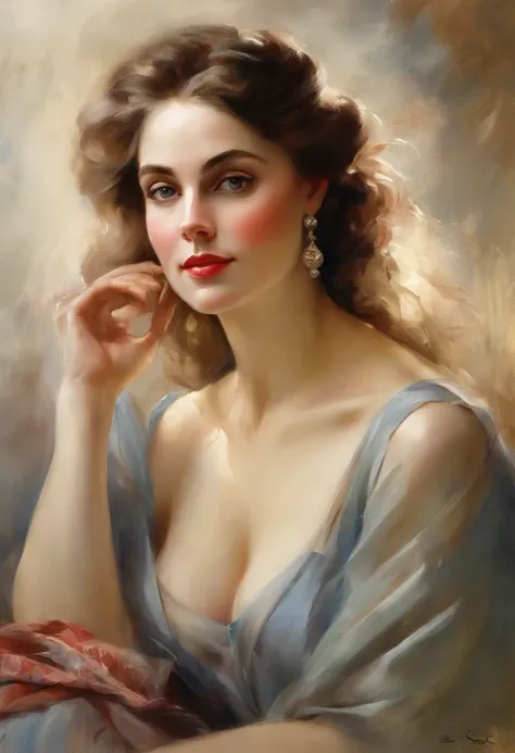 (best quality,highres,realistic:1.37),a portrait of a 25 year old woman,John Singer Sargent style, with vibrant brush strokes, soft lighting, and intricate details, capturing her natural beauty and elegance, elaborately rendered facial features, such as ca...